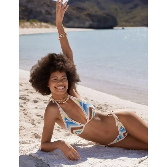 Aerie Multicolor Striped Crochet Halter Swimwear Swim Bikini Top Sz XL - Picture 2 of 7